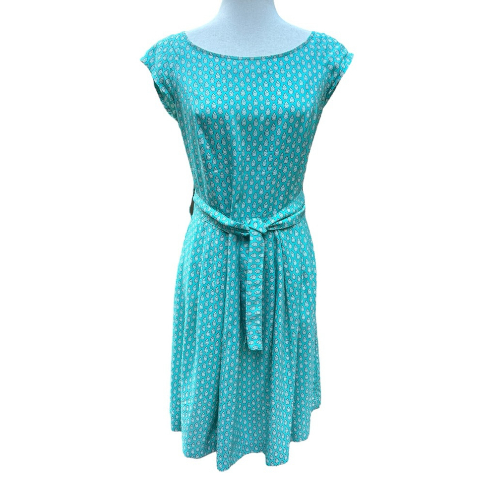 Vintage Souleiado Silk Dress Teal Paisley Print Cap Sleeve French 38 Medium 8/10